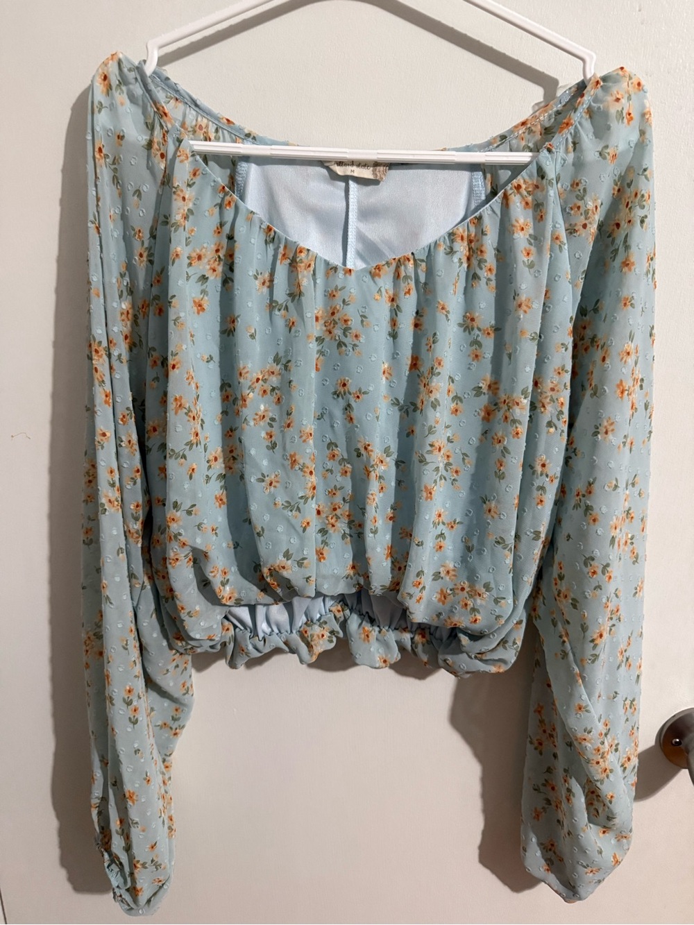Altar'd State Light Blue Floral Chiffon Crop Top with Orange Blossoms